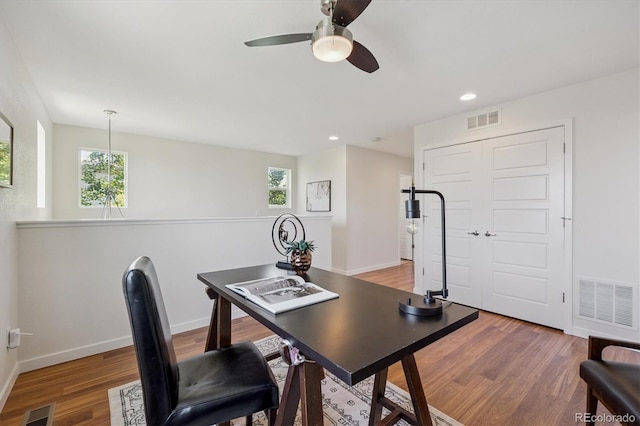 10844 Telluride St, Commerce City, CO 80022 - home office featuring healthy amount of natural light, a ceiling fan, light wood-style flooring, and recessed lighting