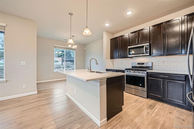 kitchen featuring a sink, decorative backsplash, stainless steel appliances, and light wood finished floors