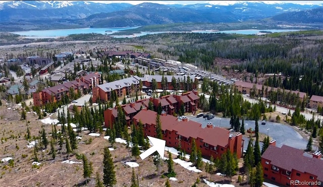 aerial view with a forest view and a water and mountain view