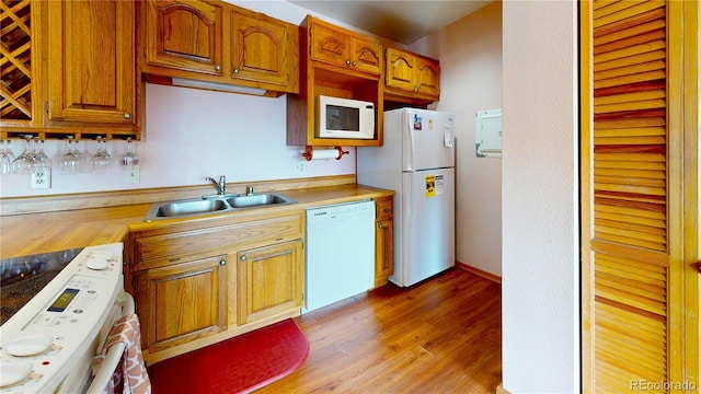 kitchen featuring brown cabinetry, white appliances, light wood finished floors, and a sink