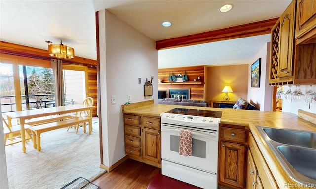 kitchen featuring dark wood-type flooring, brown cabinets, a sink, and electric range
