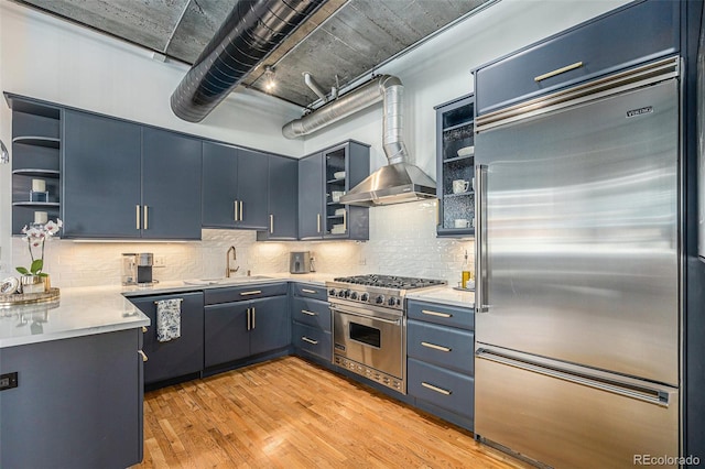 1863 Wazee St Unit 4E, Denver, CO 80202 - kitchen with premium appliances, open shelves, tasteful backsplash, and light wood-style floors