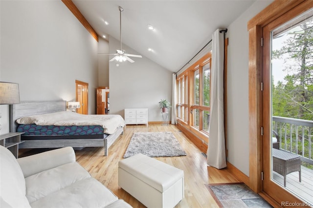 30 Carroll Ct, Black Hawk, CO 80422 - bedroom featuring multiple windows, access to outside, light wood-type flooring, high vaulted ceiling, and recessed lighting