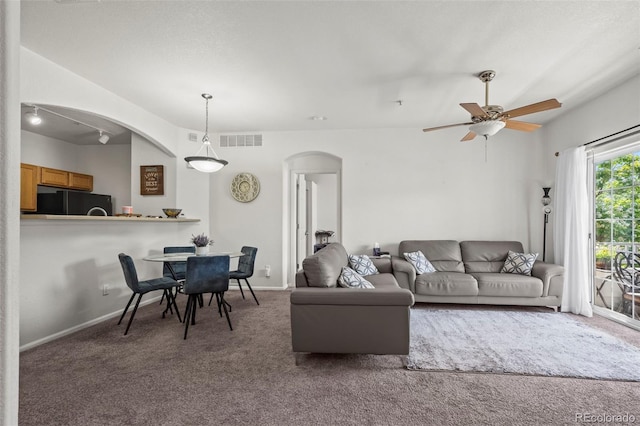 5255 Memphis St Unit 811, Denver, CO 80239 - carpeted living area featuring arched walkways and a ceiling fan
