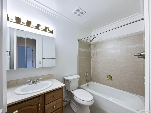 bathroom featuring toilet, visible vents, shower / bathing tub combination, and vanity