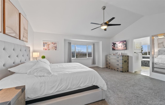 bedroom with carpet floors, baseboards, a ceiling fan, and vaulted ceiling