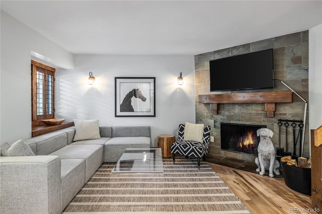 living room featuring hardwood / wood-style flooring and a fireplace