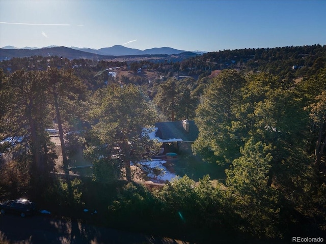 birds eye view of property with a forest view and a mountain view