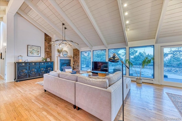 living room featuring high vaulted ceiling, light wood finished floors, a fireplace, and beam ceiling