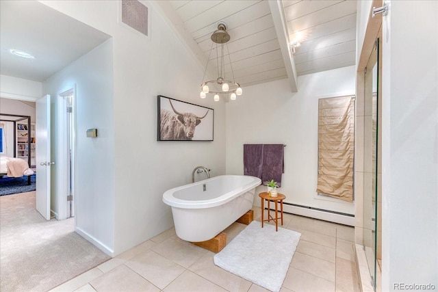 bathroom with lofted ceiling with beams, tile patterned flooring, visible vents, baseboard heating, and a soaking tub