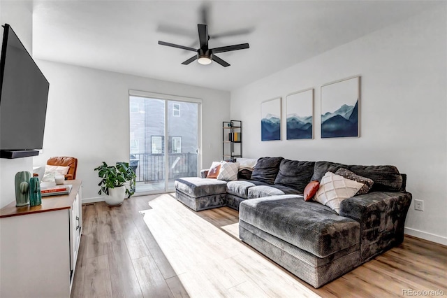 living room featuring ceiling fan and light hardwood / wood-style flooring