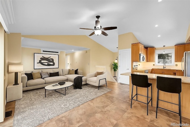 35675 Cheyenne Trl, Elizabeth, CO 80107 - living room with a ceiling fan and lofted ceiling