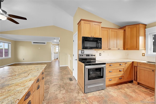 35675 Cheyenne Trl, Elizabeth, CO 80107 - kitchen with black microwave, electric range, vaulted ceiling, ceiling fan, and open floor plan