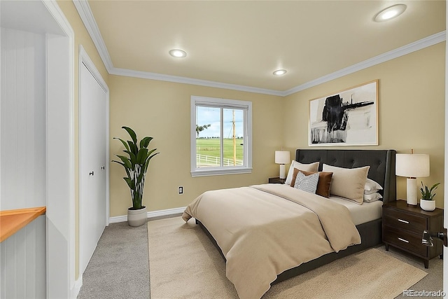 35675 Cheyenne Trl, Elizabeth, CO 80107 - bedroom with light carpet, ornamental molding, recessed lighting, and a closet