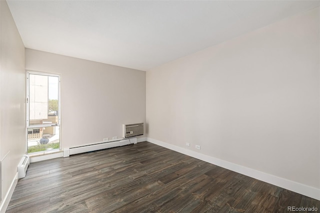 unfurnished room with a baseboard heating unit, dark wood-style flooring, baseboards, a baseboard radiator, and an AC wall unit