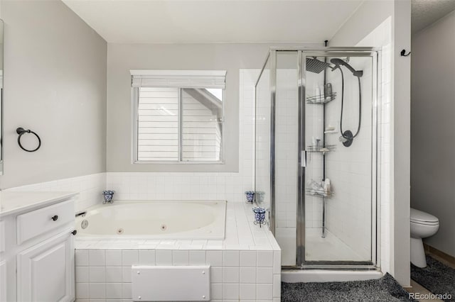 full bathroom with independent shower and bath, toilet, and vanity