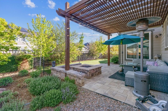 6616 Amur Ln, Castle Rock, CO 80108 - fenced backyard with a pergola, a patio, and an outdoor living space with a fire pit