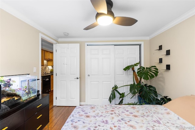 bedroom featuring hardwood / wood-style floors, ceiling fan, a closet, and crown molding