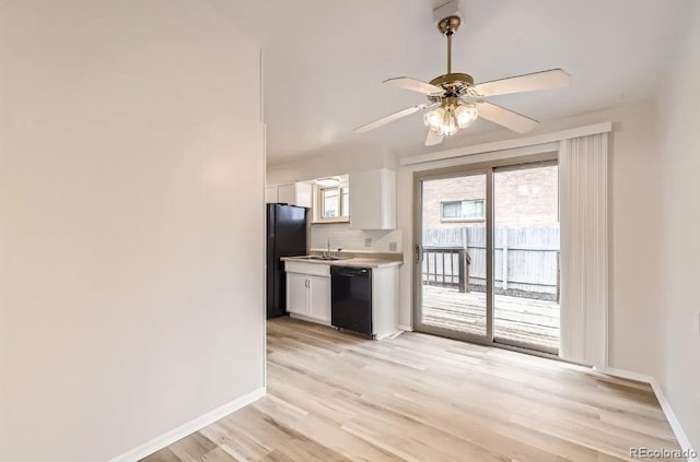 4585/4587 E Yale Ave, Denver, CO 80222 - kitchen featuring black appliances, a sink, white cabinets, ceiling fan, and light wood-style floors