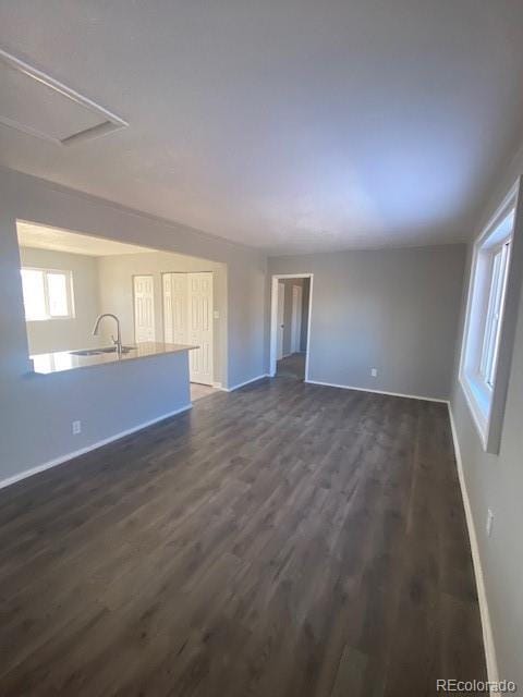 unfurnished living room featuring sink and dark wood-type flooring