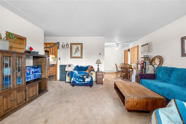 living area featuring a ceiling fan, light colored carpet, a wall mounted air conditioner, and baseboard heating