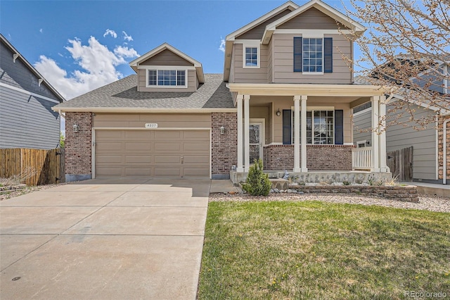 4037 S Odessa Cir, Aurora, CO 80013 - craftsman-style house featuring fence, covered porch, brick siding, concrete driveway, and an attached garage