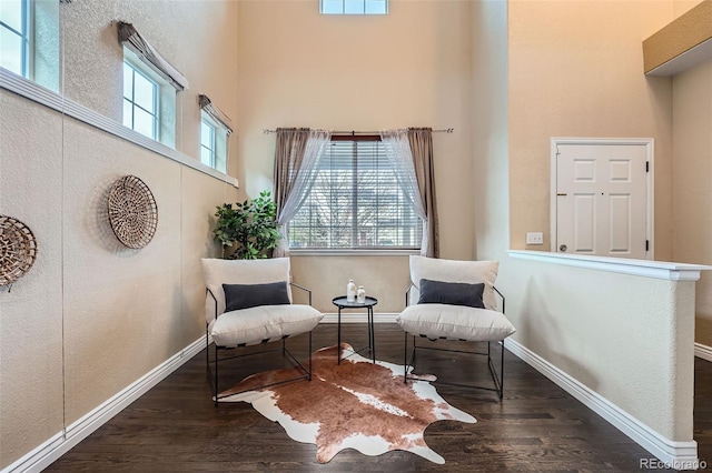 4037 S Odessa Cir, Aurora, CO 80013 - living area featuring baseboards, wood finished floors, and a towering ceiling