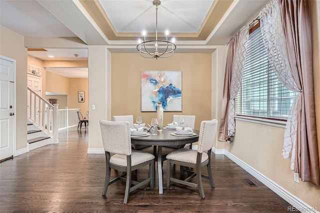 4037 S Odessa Cir, Aurora, CO 80013 - dining space featuring visible vents, baseboards, a chandelier, stairs, and dark wood-type flooring