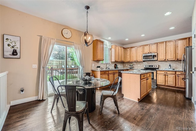 4037 S Odessa Cir, Aurora, CO 80013 - kitchen with dark wood-style flooring, a kitchen island, baseboards, appliances with stainless steel finishes, and backsplash