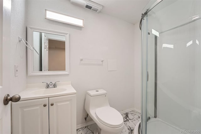 4037 S Odessa Cir, Aurora, CO 80013 - full bath featuring visible vents, a shower with shower door, vanity, toilet, and marble finish floor