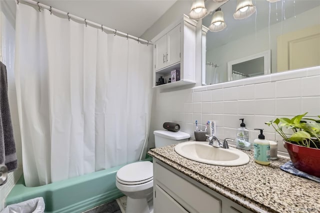 bathroom featuring tile walls, shower / bathtub combination with curtain, decorative backsplash, toilet, and vanity