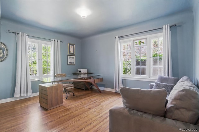 office with baseboards and wood finished floors