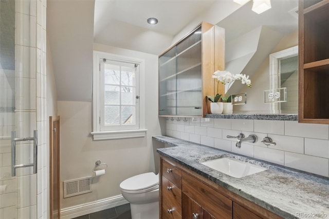 full bathroom with visible vents, decorative backsplash, vanity, toilet, and tile patterned floors