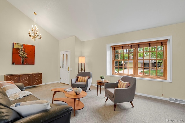7882 S Valentia Way, Centennial, CO 80112 - living area with baseboards, a chandelier, carpet floors, and high vaulted ceiling