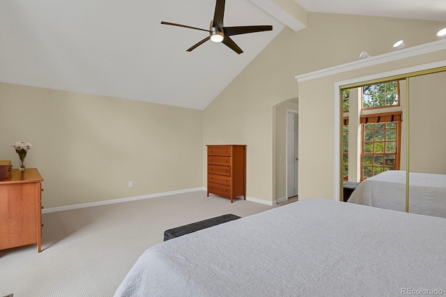 7882 S Valentia Way, Centennial, CO 80112 - carpeted bedroom featuring baseboards, beam ceiling, arched walkways, a ceiling fan, and high vaulted ceiling