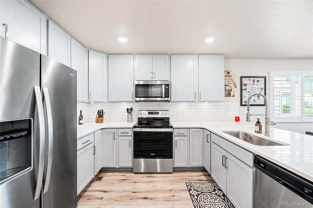 kitchen with backsplash, white cabinetry, sink, and stainless steel appliances