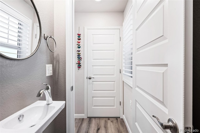 bathroom featuring wood-type flooring and sink