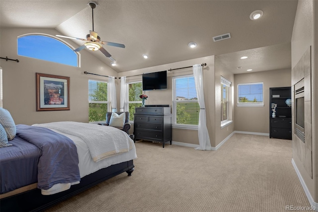 19735 Knights Xing, Monument, CO 80132 - bedroom with vaulted ceiling, light colored carpet, a ceiling fan, and recessed lighting