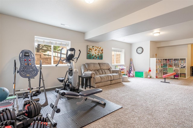 exercise room featuring carpet flooring