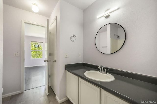 bathroom with vanity, baseboards, and wood finished floors