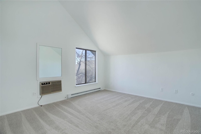 additional living space with lofted ceiling, an AC wall unit, a baseboard radiator, and light colored carpet