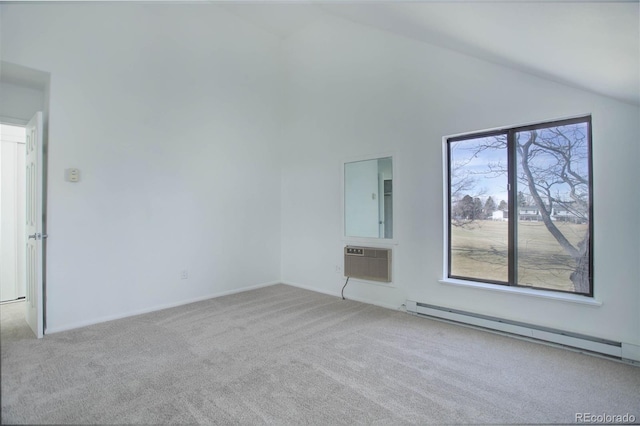 empty room with high vaulted ceiling, a baseboard heating unit, light colored carpet, and a wall mounted AC