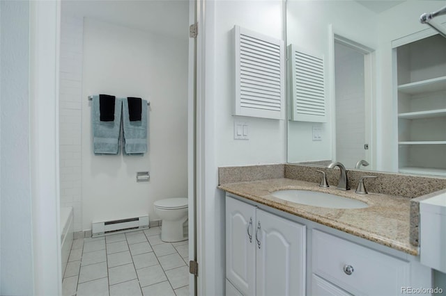 full bath with toilet, a baseboard radiator, tile patterned floors, vanity, and a bath