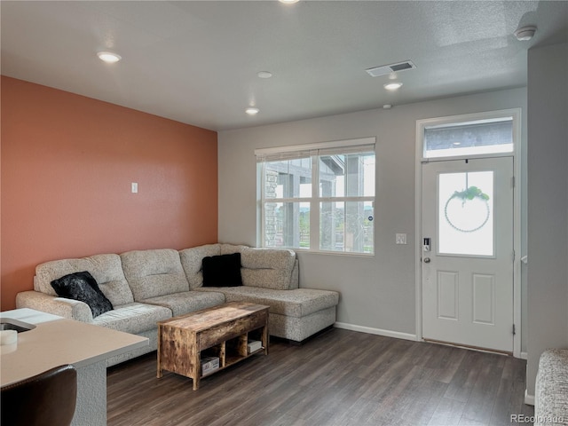 living room featuring dark wood-type flooring