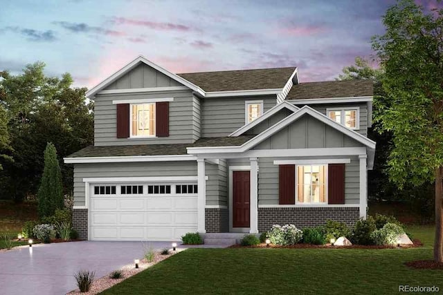 view of front of property with board and batten siding, concrete driveway, and brick siding