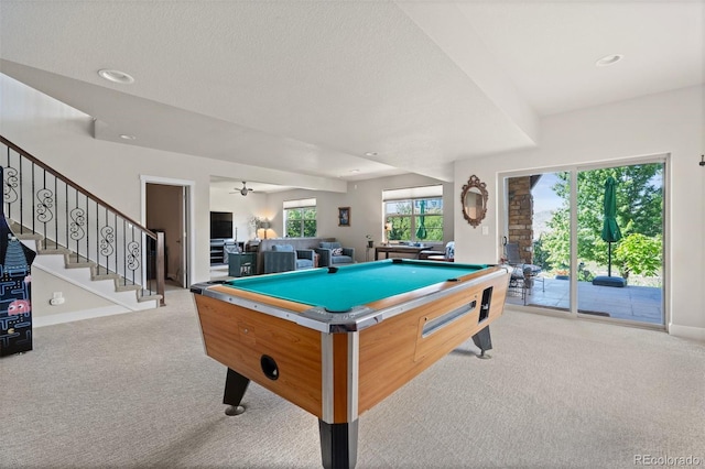 15290 W Baker Ave, Lakewood, CO 80228 - playroom with billiards, carpet, ceiling fan, a textured ceiling, and recessed lighting