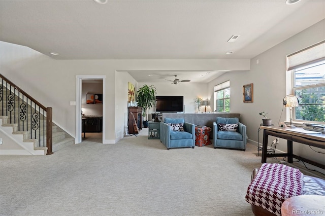 15290 W Baker Ave, Lakewood, CO 80228 - carpeted living area with ceiling fan, stairway, and recessed lighting