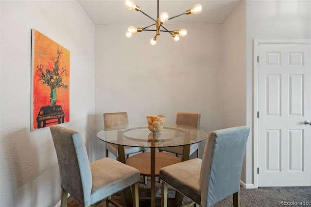 carpeted dining space with a notable chandelier