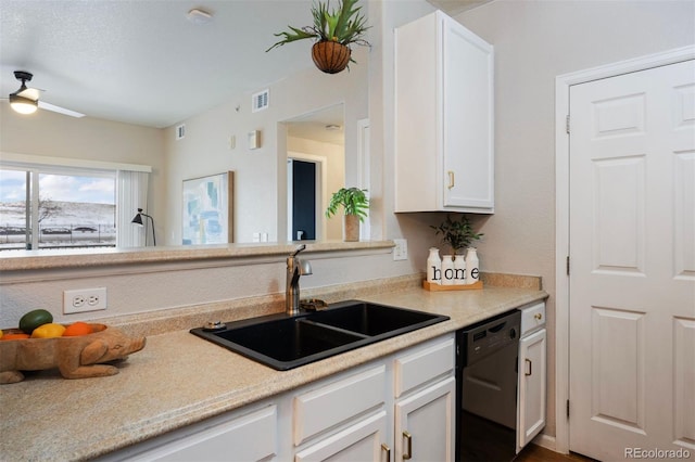 kitchen with sink, white cabinets, black dishwasher, and ceiling fan