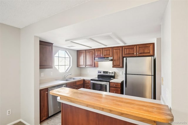 kitchen with appliances with stainless steel finishes, a textured ceiling, sink, kitchen peninsula, and butcher block countertops